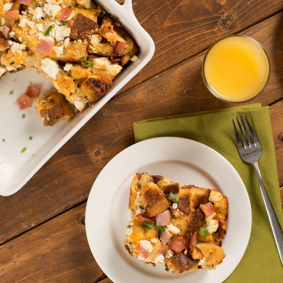 savoury goat cheese and canadian bacon breakfast bake e1750337502358